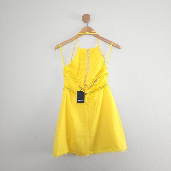 NBD Revolve Chels Halter Lace-Up Back Mini Dress Yellow Lattice Cutout S NWT - Picture 11 of 12